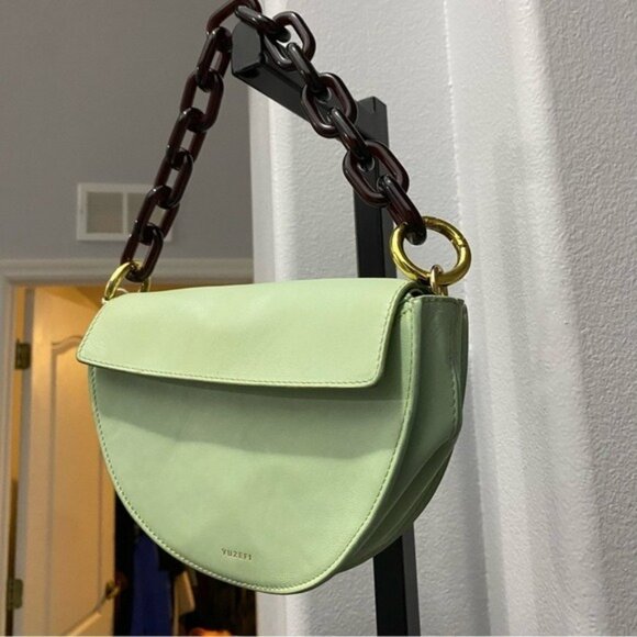 YUZEFI DORIS LEATHER SHOULDER BAG Mint Light Green Tortoise Shell - Picture 4 of 8